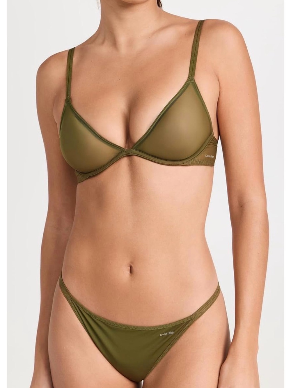 Calvin Klein Women’s Sheer Marquisette Unlined Plunge Bra Dark Olive Size 36A